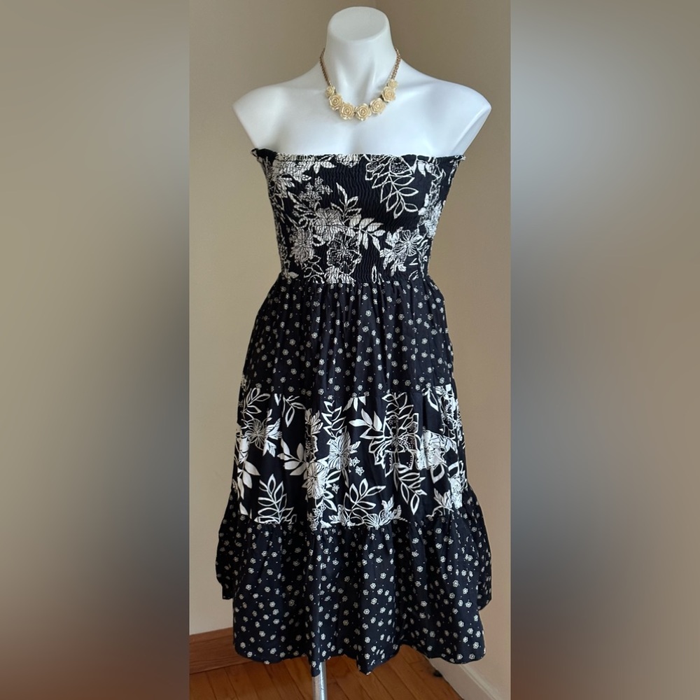 LAN Z Black White Floral Print Strapless Flounced Summer Dress Stretch Top SZ S